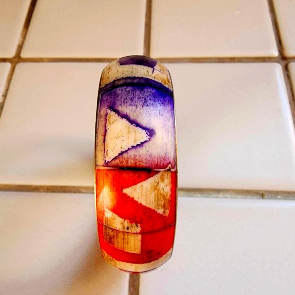 BRASS and BONE carved and painted Bangle BRACELET (This Is Quality And Awesome)